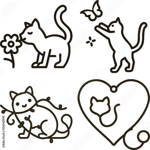 Cute cat illustrations in playful poses with floral and butterfly elements