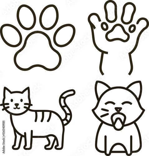 Cute cartoon cat icons including paw prints and a yawning feline
