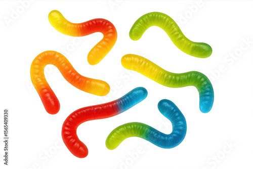 Colorful gummy worms spread across clear surface, showcasing bright candy shapes and playful candy texture