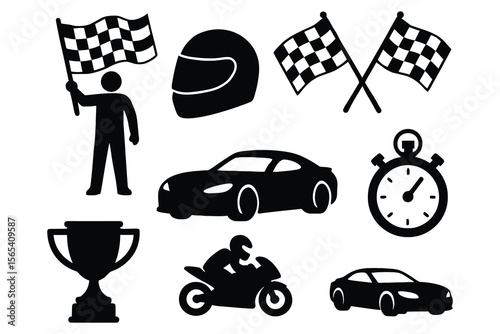 Collection of racing icons including cars motorcycle trophy flags and stopwatch isolated on white background