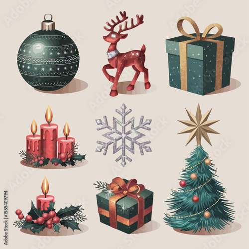 vector Happy New Year Celebrating 2025 in Latin letters , Christmas Decoration Items Santa Claus