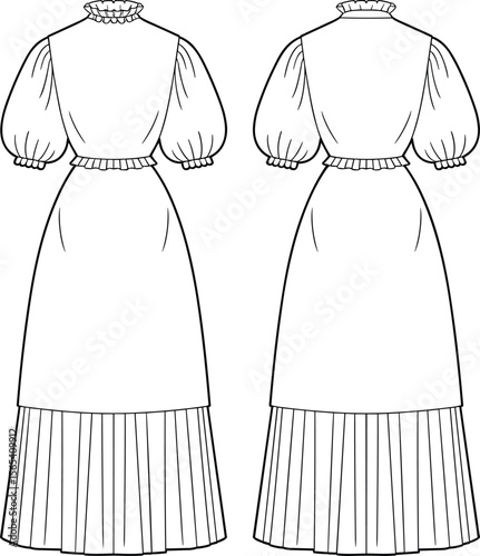 Women's Vintage Inspired Maxi Dress with Ruffled High Neck, Puff Sleeves, Gathered Waist, Pleated Hem, Fashion Apparel Design Vector Flat Sketch.
