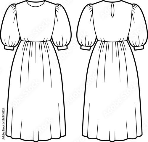Women's Stylish Midi Dress with Puff Sleeves, Round Neckline, Empire Waist, Keyhole Back, Fashionable Apparel Design Vector Flat Sketch Template.