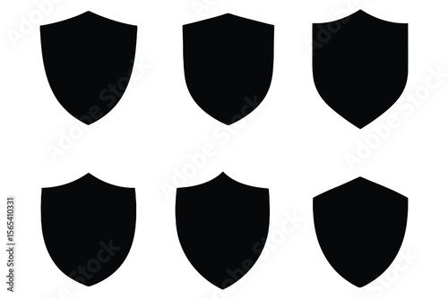 Collection of six different black shield shapes isolated on white background