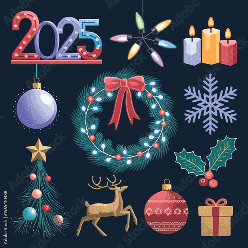 vector Happy New Year Celebrating 2025 in Latin letters , Christmas Decoration Items Santa Claus