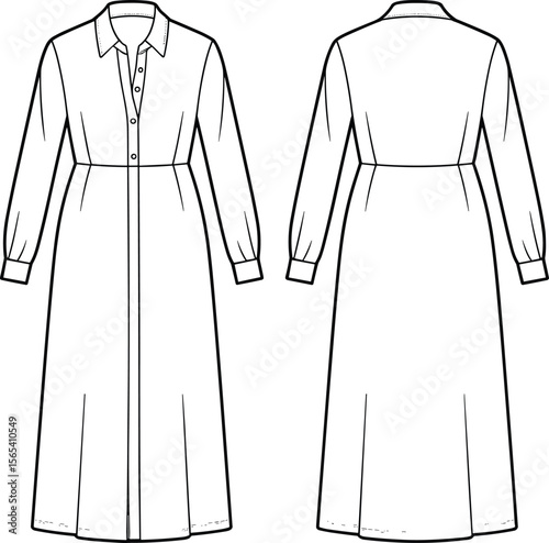 Women's Classic Shirtdress with Long Sleeves, Button-Front, Collared Neckline, Empire Waist, Elegant Midi Dress, Fashion Design Vector Flat Sketch.