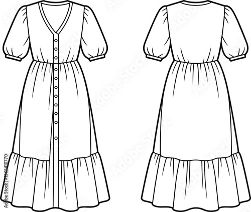 Women's Trendy Midi Dress with Button-Front Closure, Puff Sleeves, V-Neckline, Ruffle Hem, Fashionable Apparel Design Vector Flat Sketch Template.