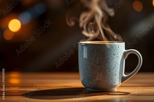 A cozy ceramic mug with steam rising, illuminated by warm volumetric lighting, on a rustic wooden table with bokeh lights.