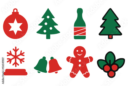 Collection of festive christmas icons including trees ornaments and gingerbread man isolated on white background