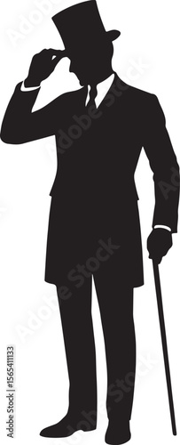 Gentleman in top hat and suit tipping hat with cane silhouette