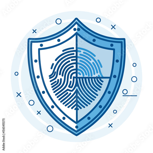 A digital thumbprint on a metal shield and sword illustrates a unique symbol of identity protection and security