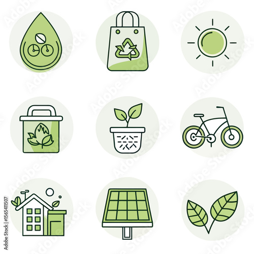 A vector set of green eco ecology icons featuring leaf, tree, recycle, and earth symbols for nature and environment designs