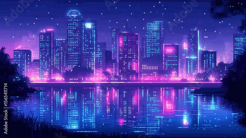 Neon cityscape reflecting on still water at night.