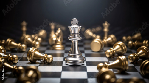 A dramatic close-up photograph of a chess board with a silver king piece standing prominently in the center