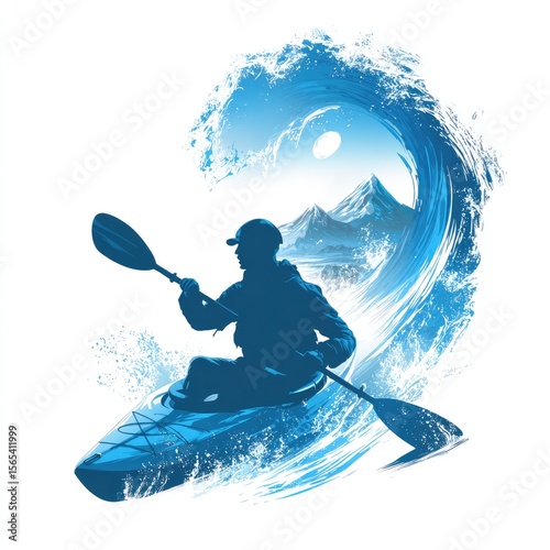 Kayaking Sport Logo Paddle slicing rapid blue wave crest lone kayak against mountain river isolated on white background