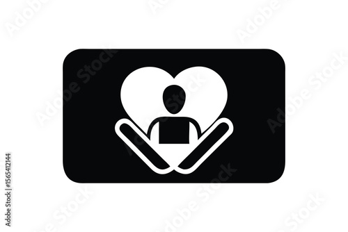 Compassionate Care: Minimalist Black and White Icon of Hands Protecting a Heart-Centered Person, Symbolizing Empathy, Support, and Holistic Wellbeing in Healthcare, Charity, or Volunteerism.