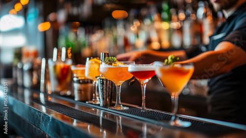 Vibrant cocktails line up at a dimly lit bar, ready to be served for a night party. A row of modern cocktails on a bar is the focal point, complemented by a blurred background of bottles and bartender