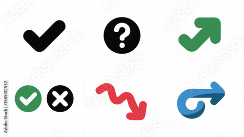 Six Colorful Symbols Check Mark, Question Mark, Arrows Up, Down, and Circular