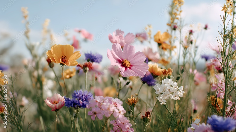 Obraz premium Field of flowers with a mix of colors including pink, yellow, and white