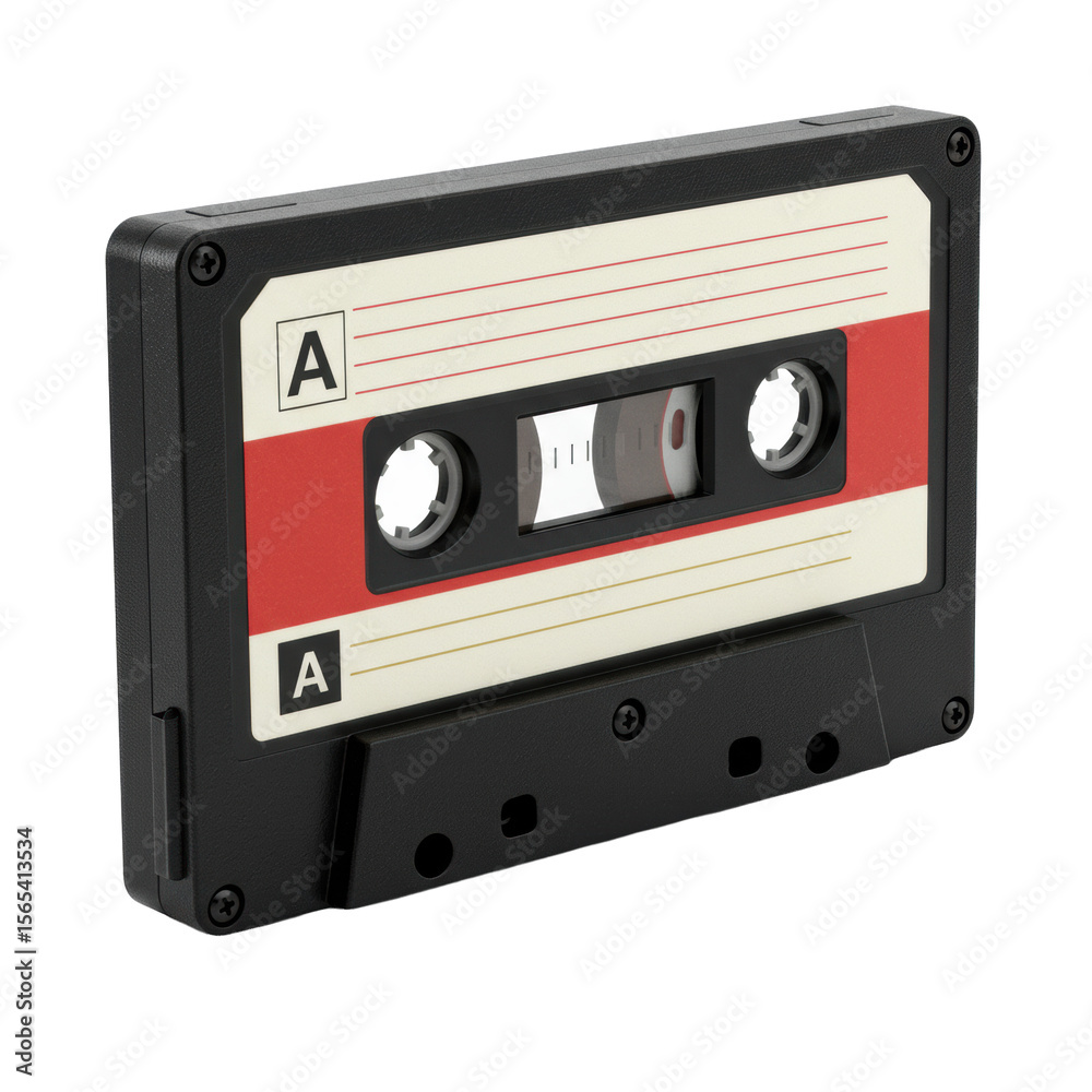 Obraz premium A pristine vintage audio cassette tape with deep black plastic, silver screws, visible brown magnetic tape, and a white label with red and golden stripes, on a transparent isolated studio background