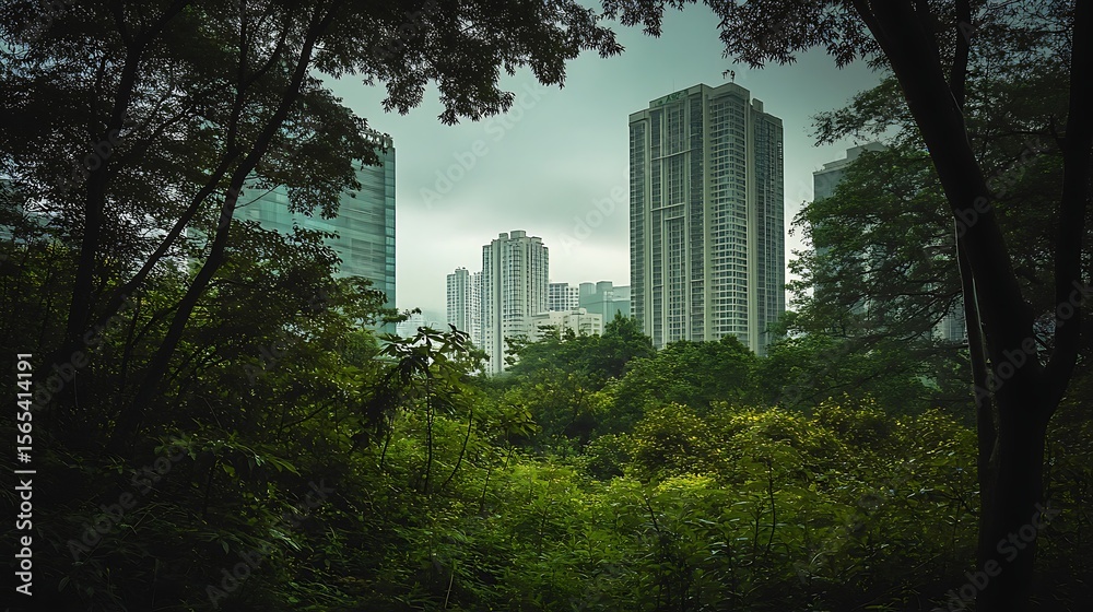 Fototapeta premium A peaceful forest edge meeting the bustling cityscape, capturing nature and urban contrast