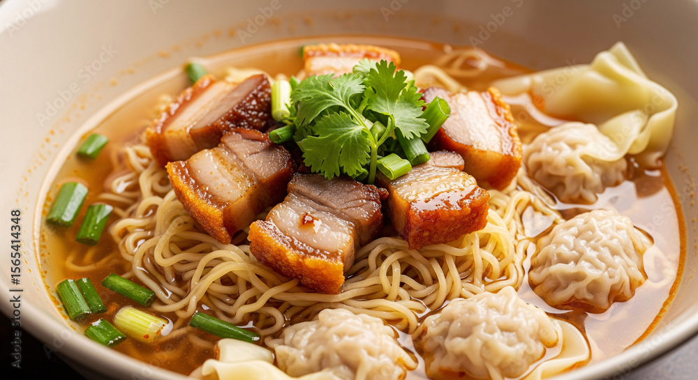 A bowl of Thai Egg Noodle soup with crispy pork and wonton A bowl of Thai Egg Noodle soup with crispy pork and wonton