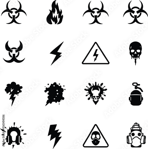 black and white hazard and safety symbol grid — 16 hand-drawn icons for industrial, scientific, and workplace warning design