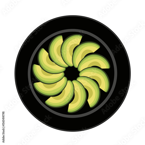 Artistic presentation of avocado slices in a spiral on a black plate on a transparent background with copy space
