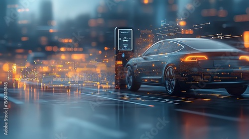 Electric vehicle charging at urban location futuristic scene nighttime digital technology dynamic view