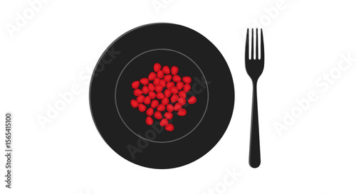 Artistic presentation of pomegranate seeds on a black plate with a fork on a transparent background with copy space
