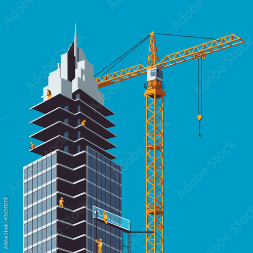 Illustration of a skyscraper under construction with workers and a yellow crane against a blue background.