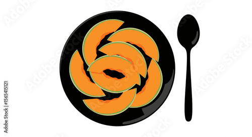 Artistic presentation of cantaloupe slices on a black plate with a spoon on a transparent background with copy space
