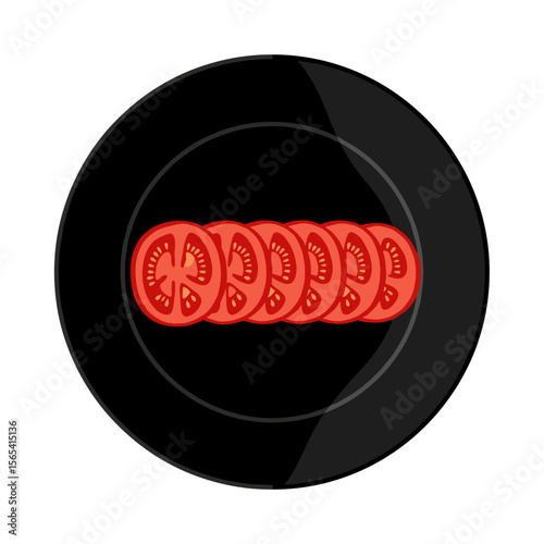 Artistic presentation of tomato slices on a black plate on a transparent background with copy space