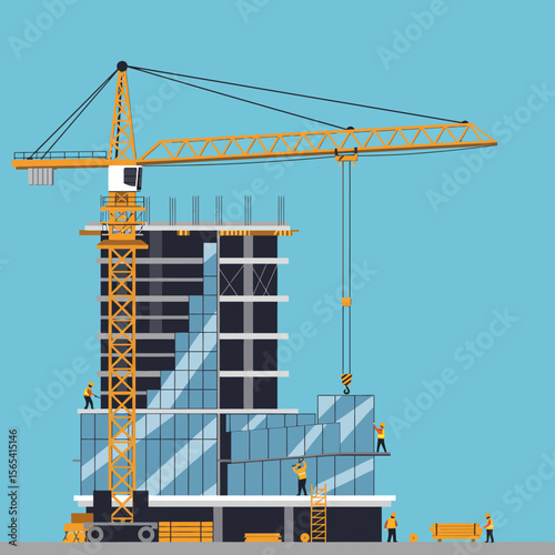 Construction workers build a modern glass skyscraper using a large crane.