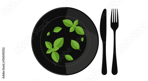 Artistic presentation of fresh basil leaves on a black plate with cutlery on a transparent background with copy space
