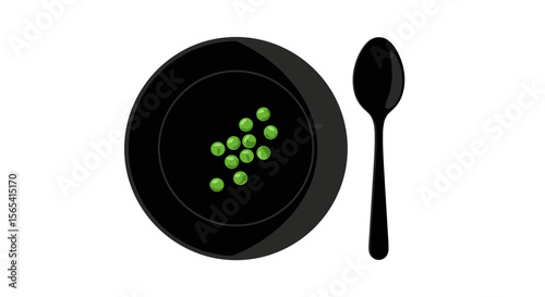 Artistic presentation of green peas on a black plate with a spoon on a transparent background with copy space