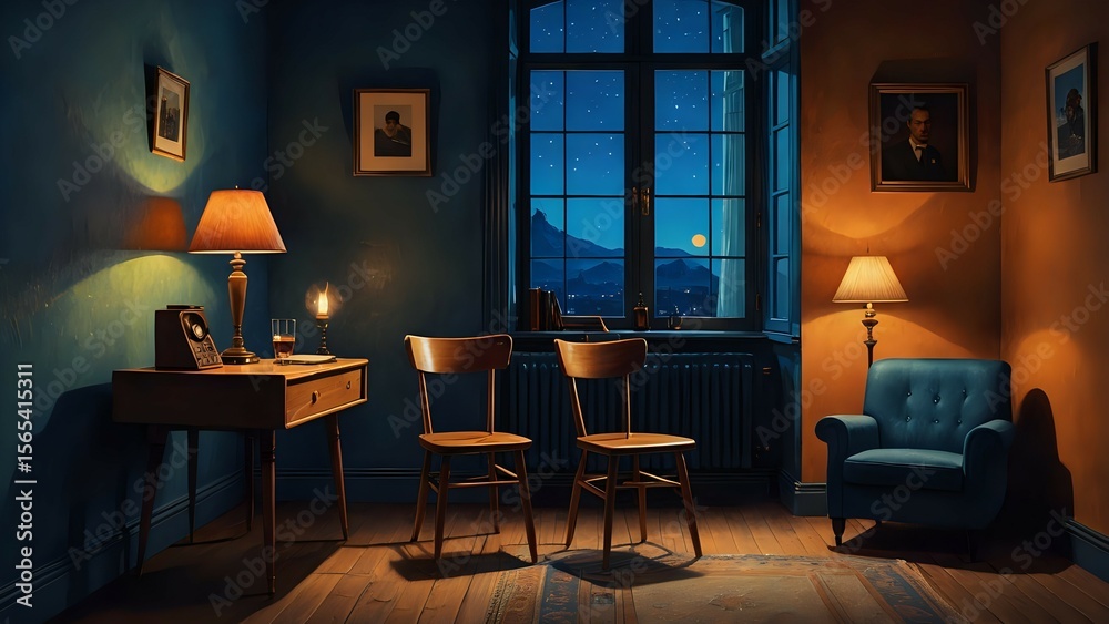 Fototapeta premium A dimly lit room, divided by color, features antique furniture, a desk, and a view of a moonlit city at night.