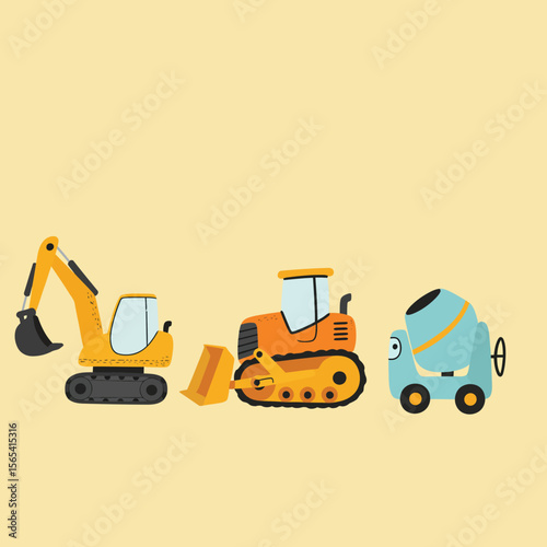 Cartoon illustration of construction vehicles: excavator, bulldozer, and cement mixer, lined up on a light yellow background.