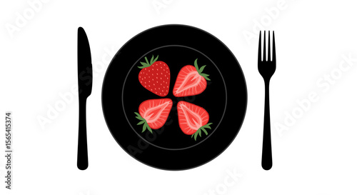 Artistic presentation of sliced strawberries on a black plate with cutlery on a transparent background with copy space