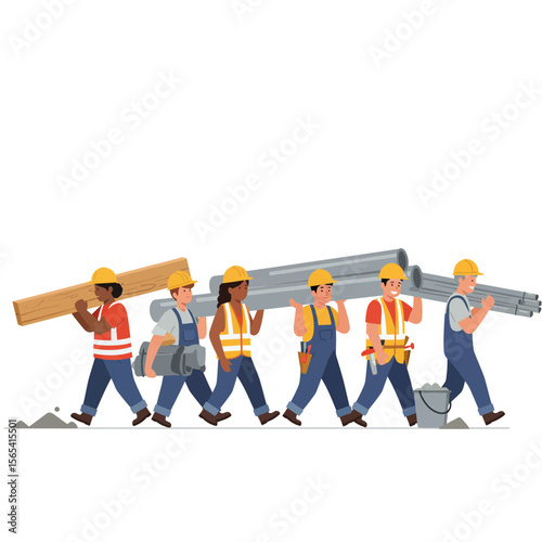 Diverse construction workers carrying building materials, walking in a line.