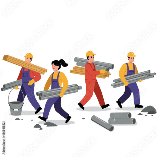 Construction workers carrying lumber and pipes, teamwork on a building site.