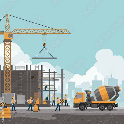 Construction workers building a high-rise structure with crane and concrete mixer.