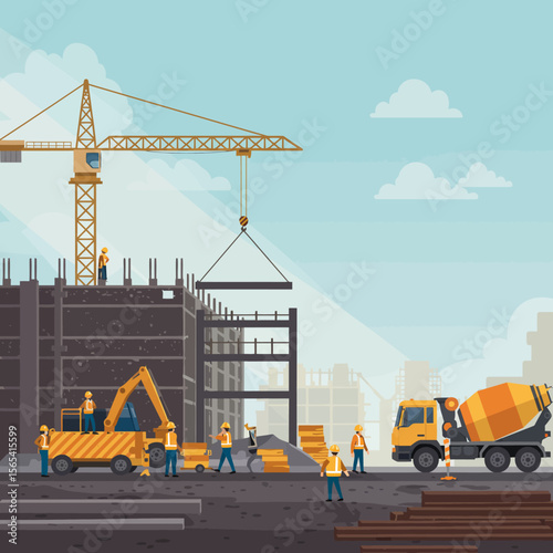Construction site with workers, crane lifting steel beam, excavator, and cement truck against a cloudy sky.