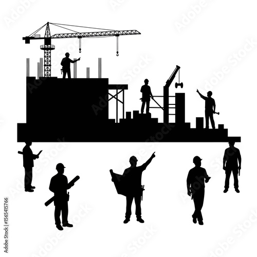 Silhouette illustration of construction site workers and a building under construction.