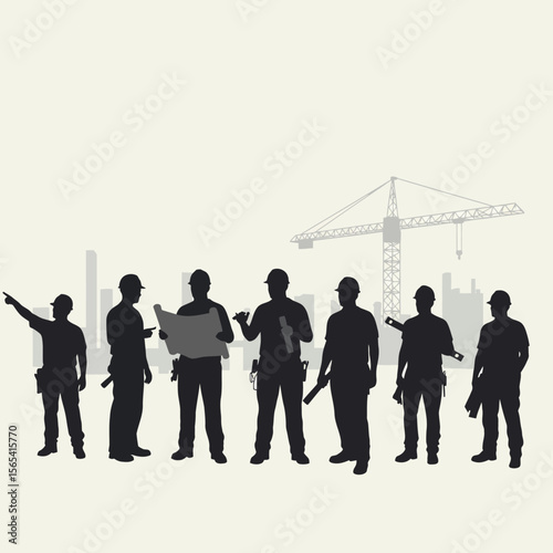 Silhouettes of construction workers discussing blueprints on a construction site.