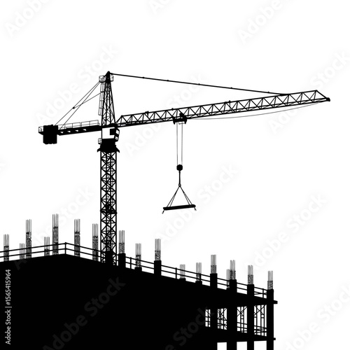 Silhouette of a construction crane working on a building framework against white.