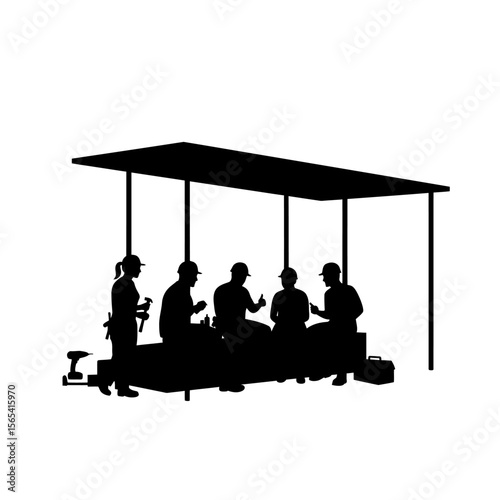 Silhouette of construction workers taking a break under a temporary shelter.
