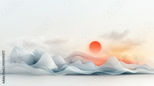 Serene sunset over layered mountains peaceful landscape digital artwork tranquil environment aesthetic viewpoint nature concept