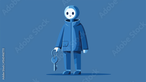Blue Monday Person with Wind-Up Key Flat Vector Illustration