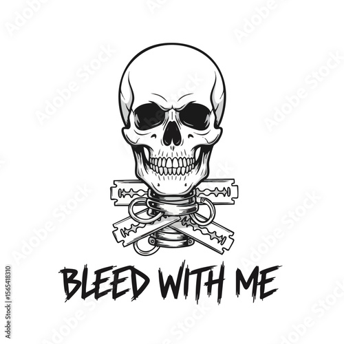 Detailed Handdrawn Skull and Razor Blades Illustration with Bleed With Me Text